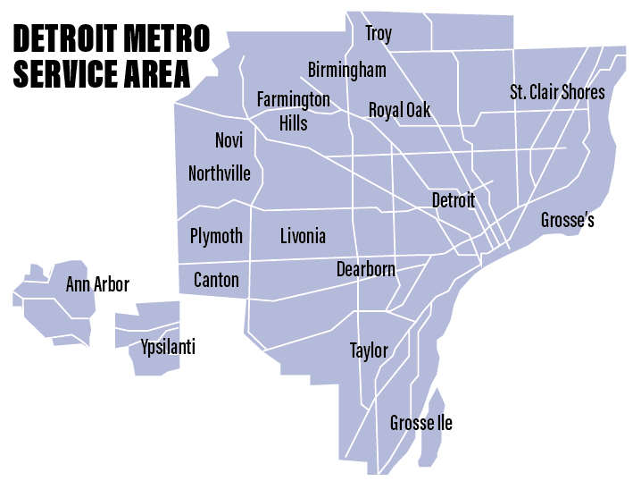 Service area depecting Detroit, Ann Arbor, and most of Detroit Metro area